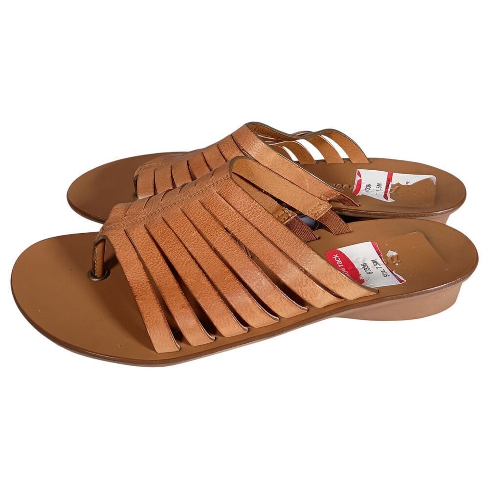 Paul Green Tan Leather Strappy Thong Sandal Low Wedge Womens 7.5 - Picture 7 of 11